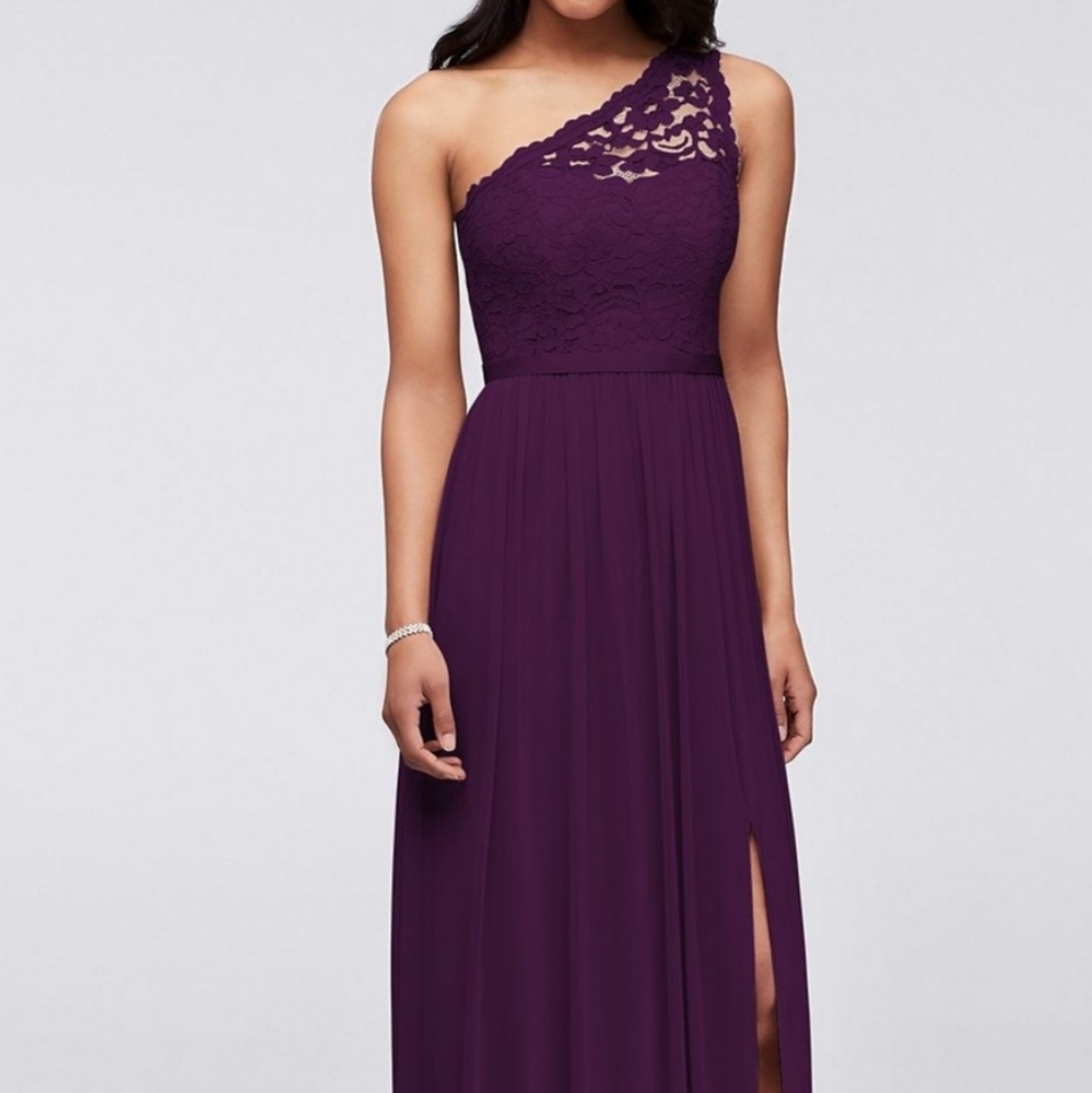 Long One-Shoulder Lace Bridesmaid Dress, Plum